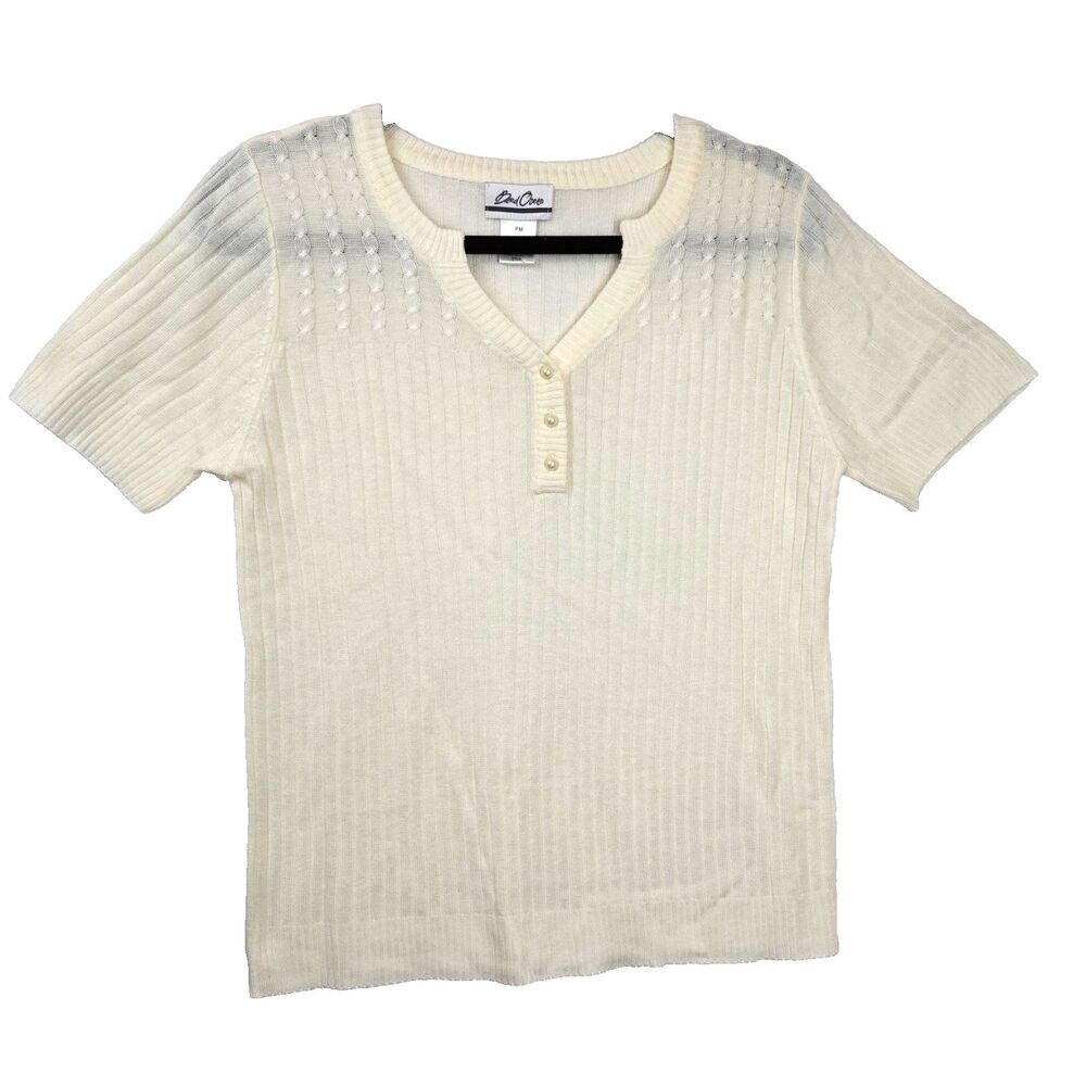 Bend Over PM Petite V-Neck Henley Ribbed Knit Top Cream Short Sleeve Acrylic Y2K